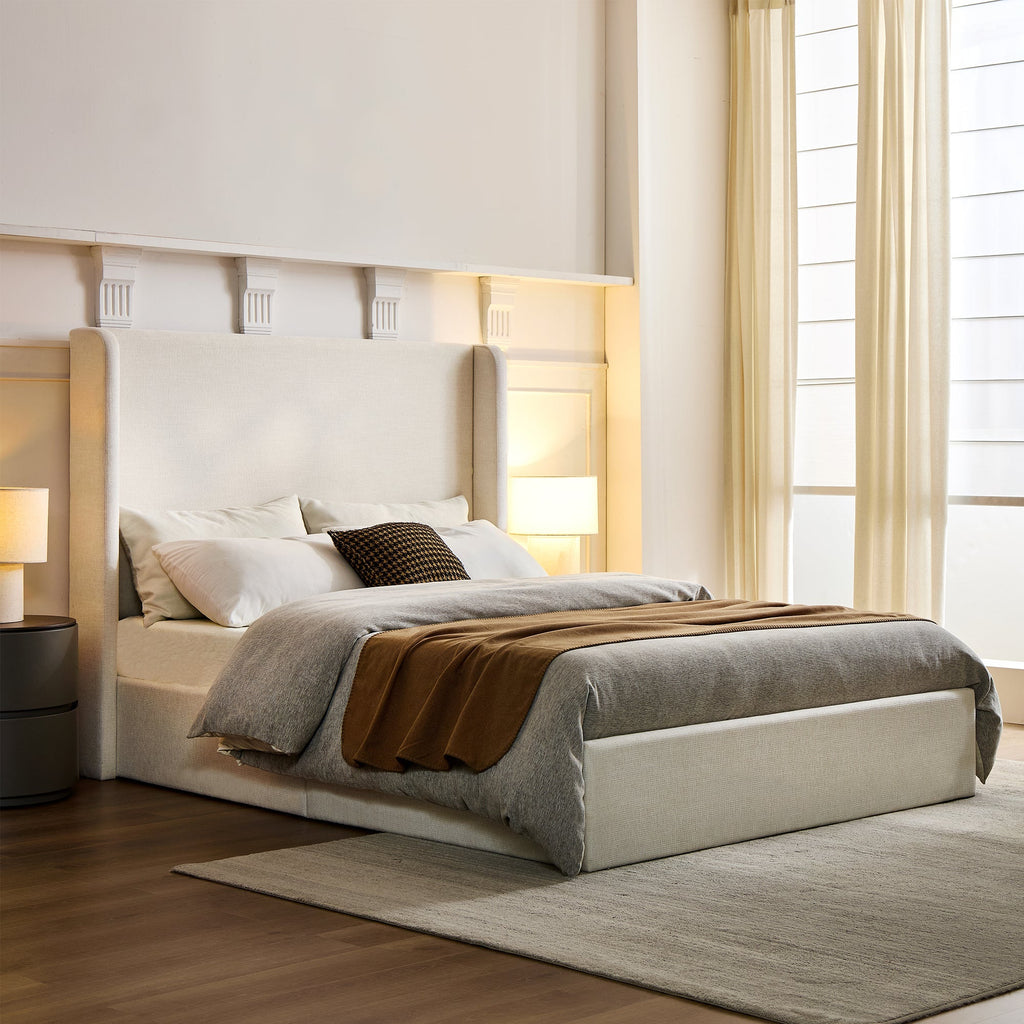 Caron Upholstered Wingback Bed with 52.3' High Headboard in Ivory Canvas Chenille