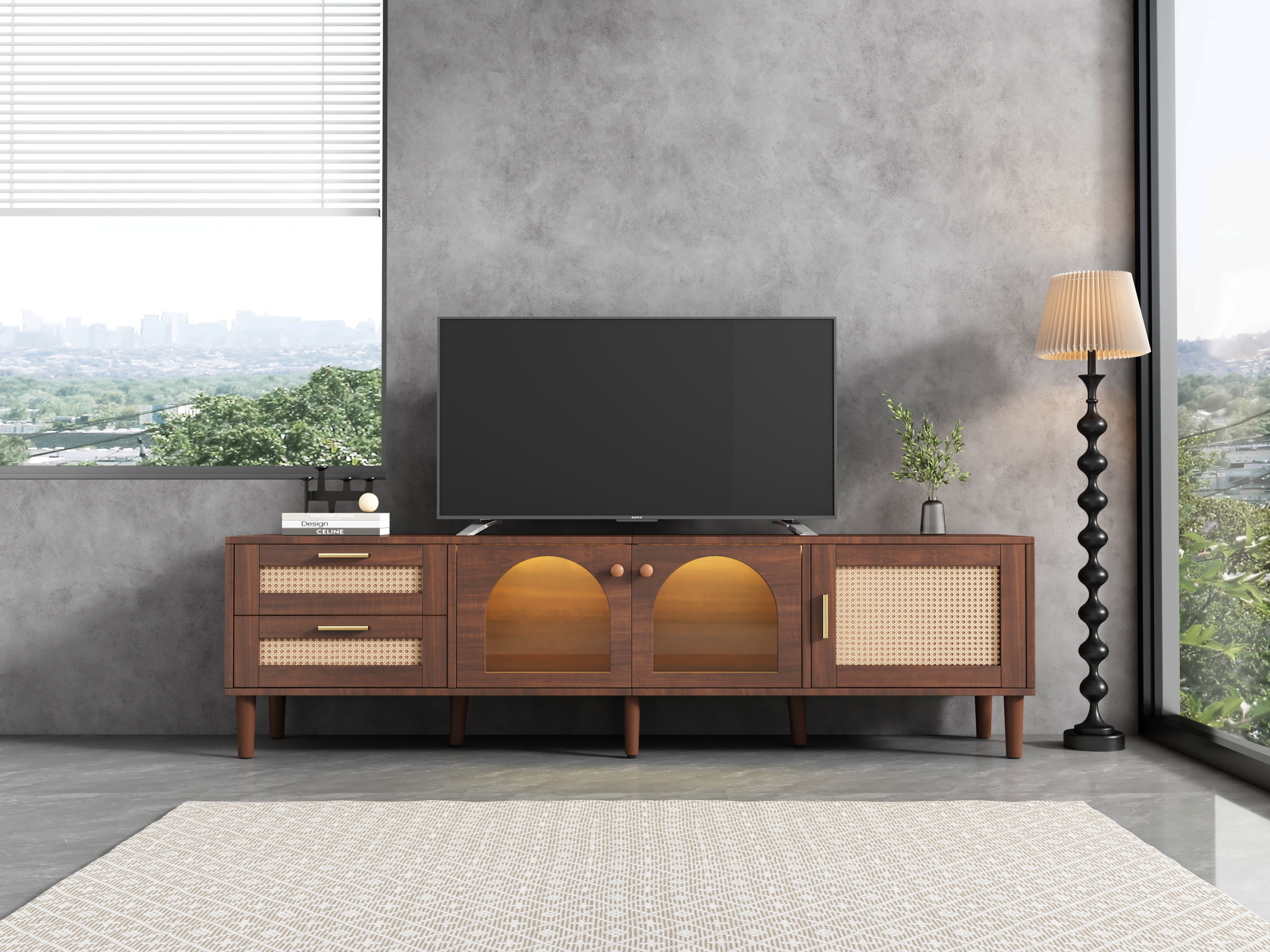 Rattan TV Stand with 3 Cabinets and 2 Drawers