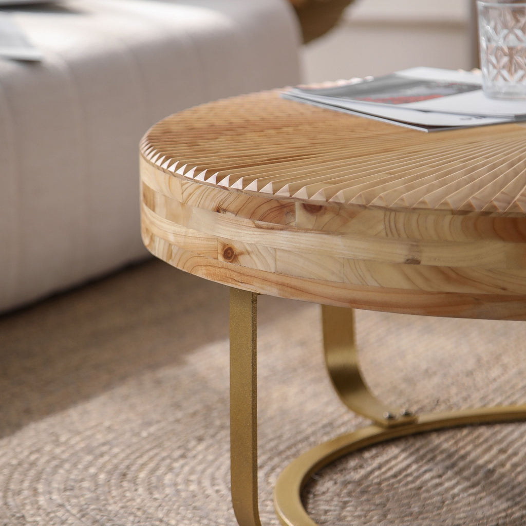 Modern Round Coffee Table with Wooden Carving Pattern and Metal Legs