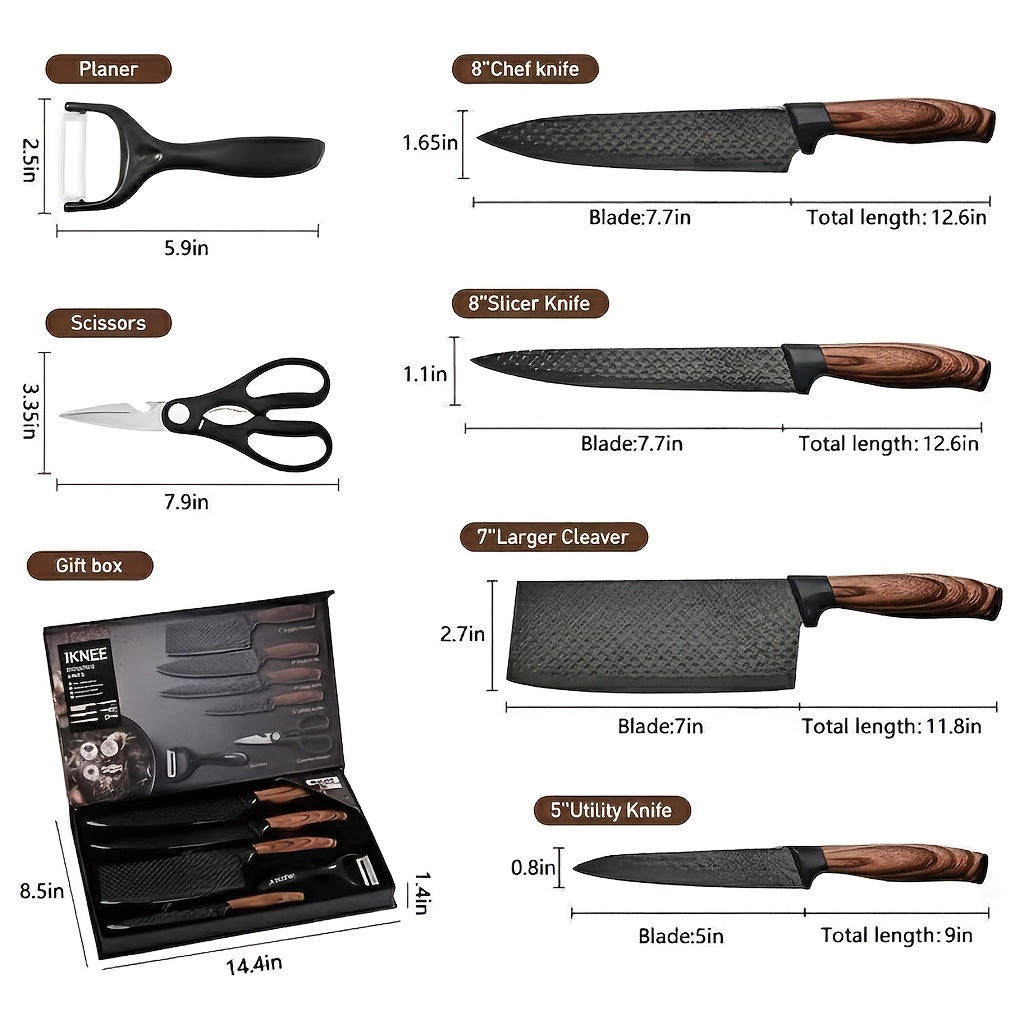 Professional 6pcs Kitchen Knife Set - Chef's Knife, Slicing Knife, Scraper, and Scissors - High Carbon Stainless Steel with Ultra-Sharp Blades, Non-Stick Ergonomic Wooden Handles - Ideal for Home, Travel, and Gift Box Set