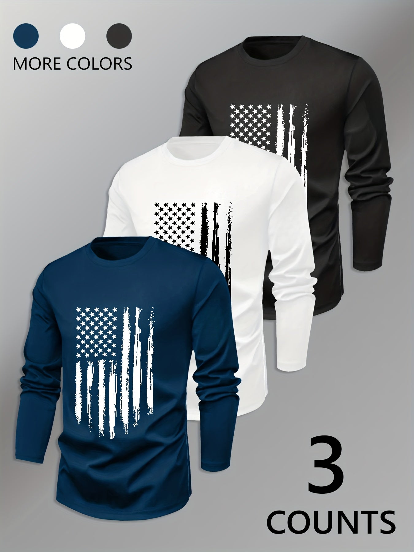 3pcs Men's Navy& Striped Long-Sleeve Tees: Crew Neck, Geometric Flag Pattern. Breathable Quick-Dry, Sweat-Absorbing, Durable Regular Fit. Classic Stylish Sportswear, Comfortable Basic Layer for Home/Daily Wear - Men's Versati