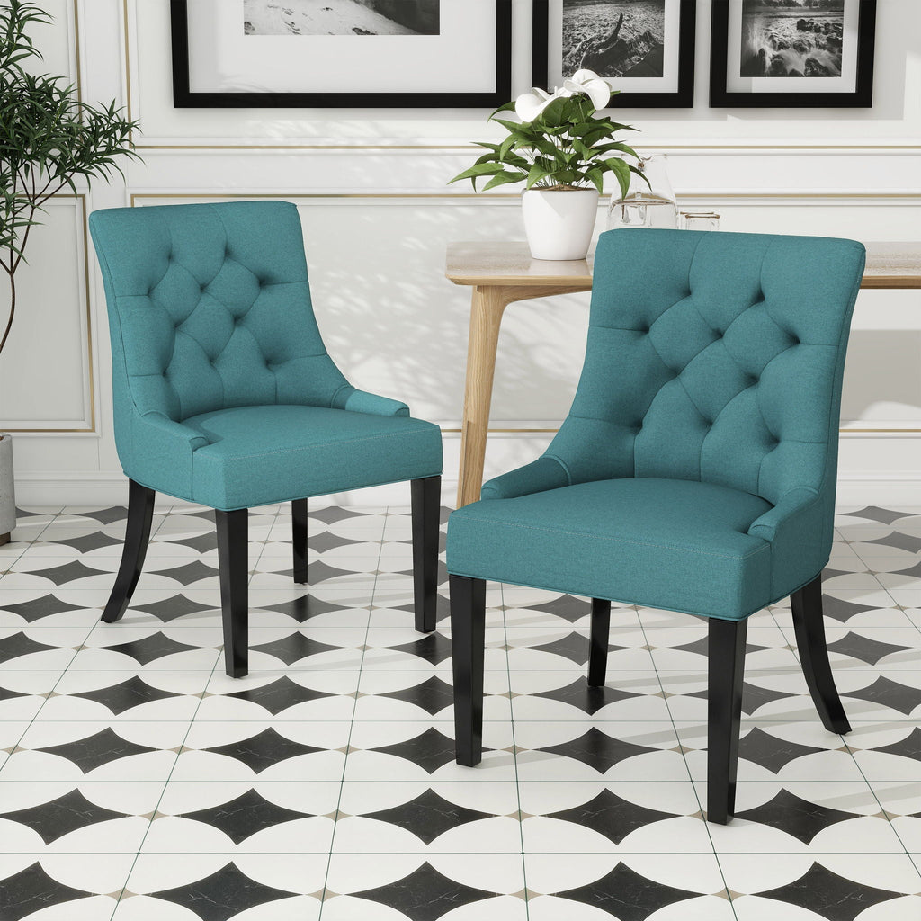Dining Chair Set of 2 with Upholstered Diamond Tufting and Espresso Birch Legs - Teal