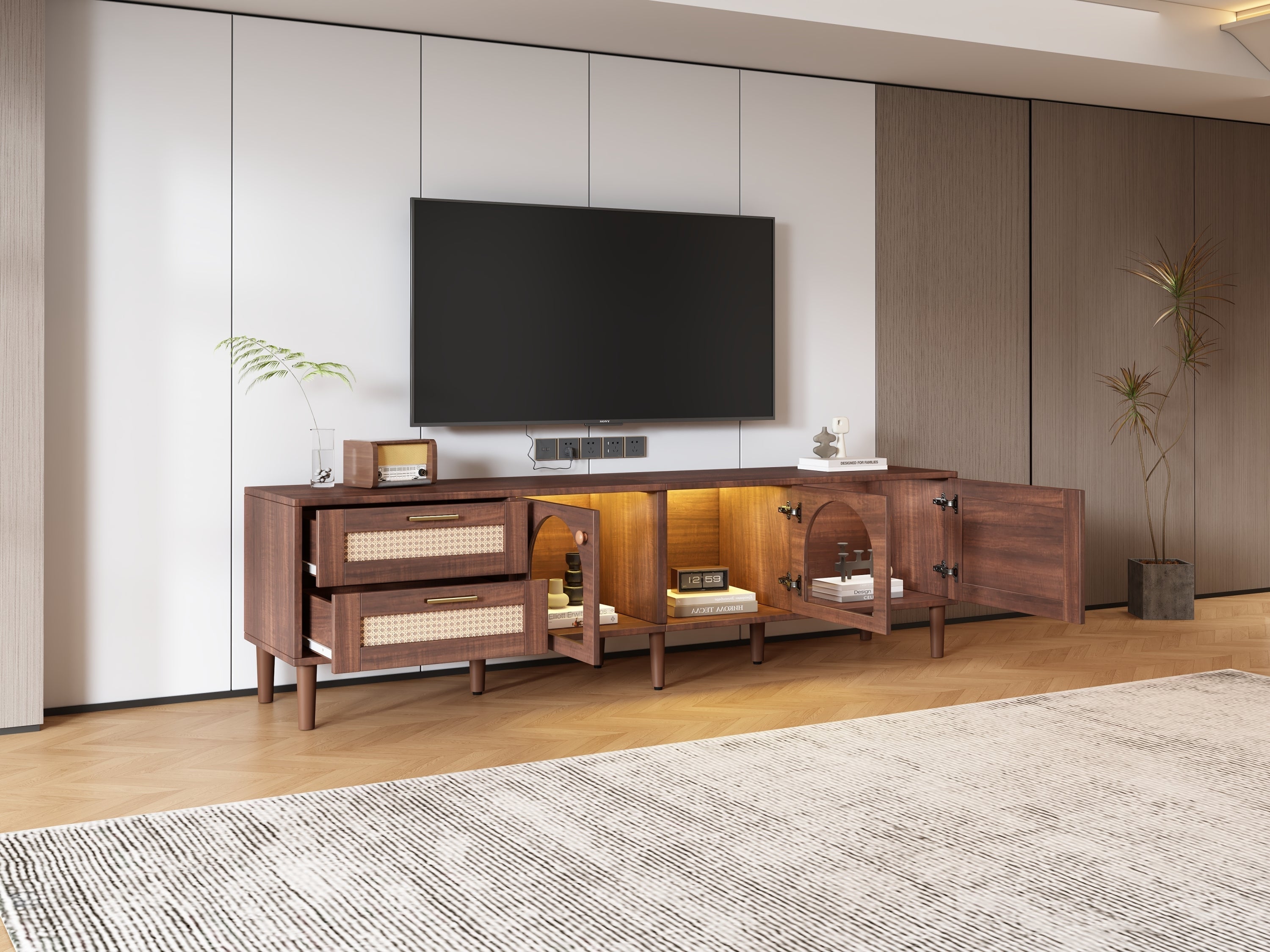Rattan TV Stand with 3 Cabinets and 2 Drawers