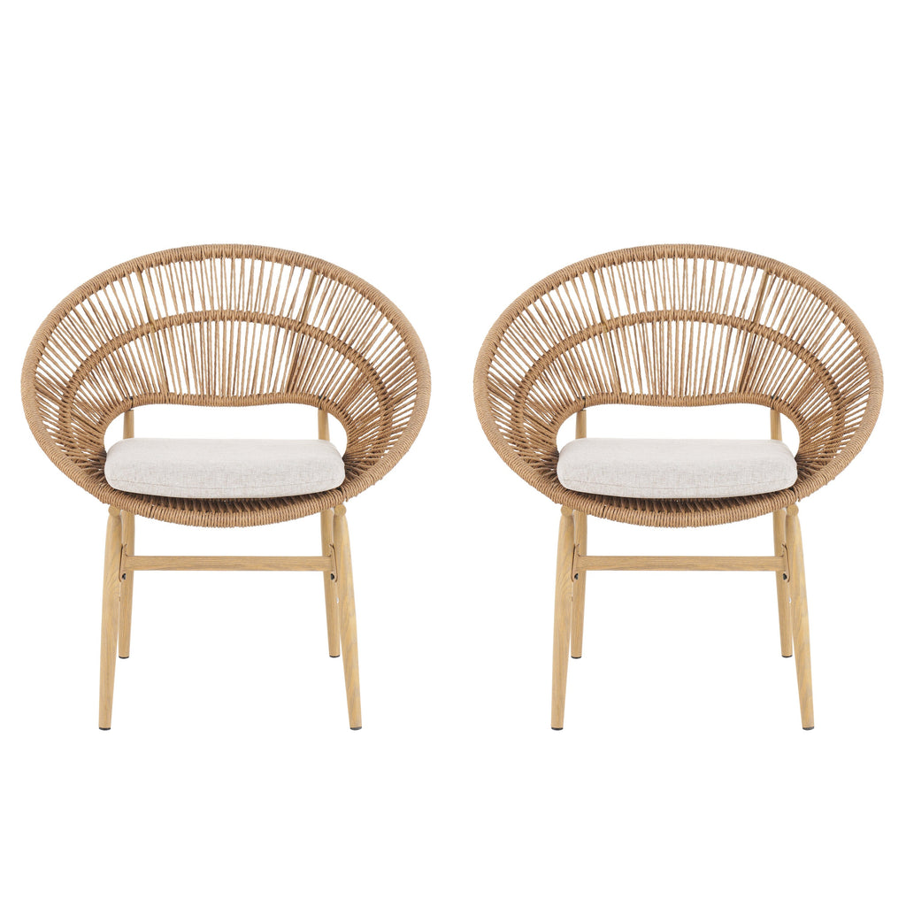 Cyril Outdoor Wicker Papasan Style Dining Chair with Teak Finished Legs - Set of 2