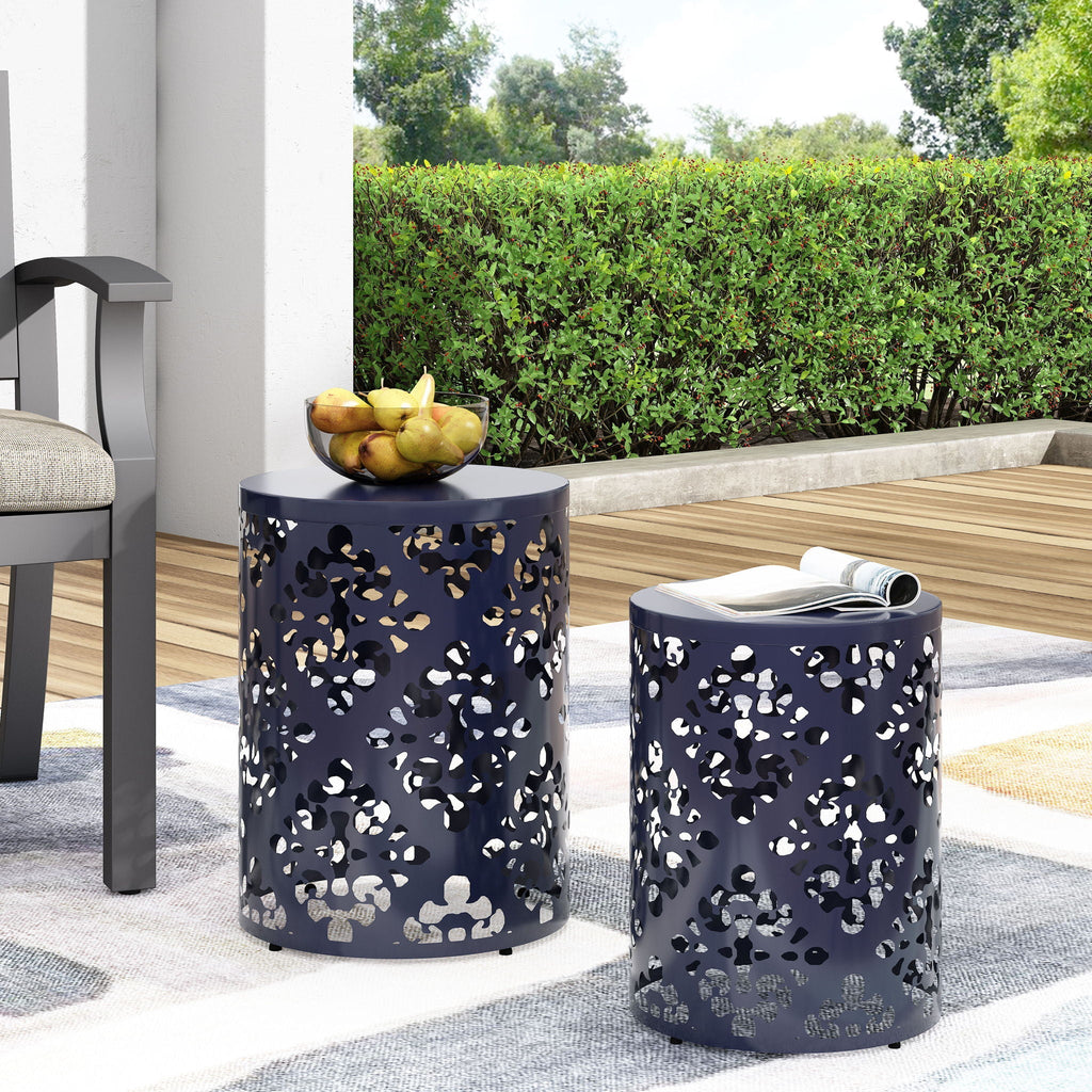 Modern Iron Cut Design End Table Set of 2 - Navy Blue
