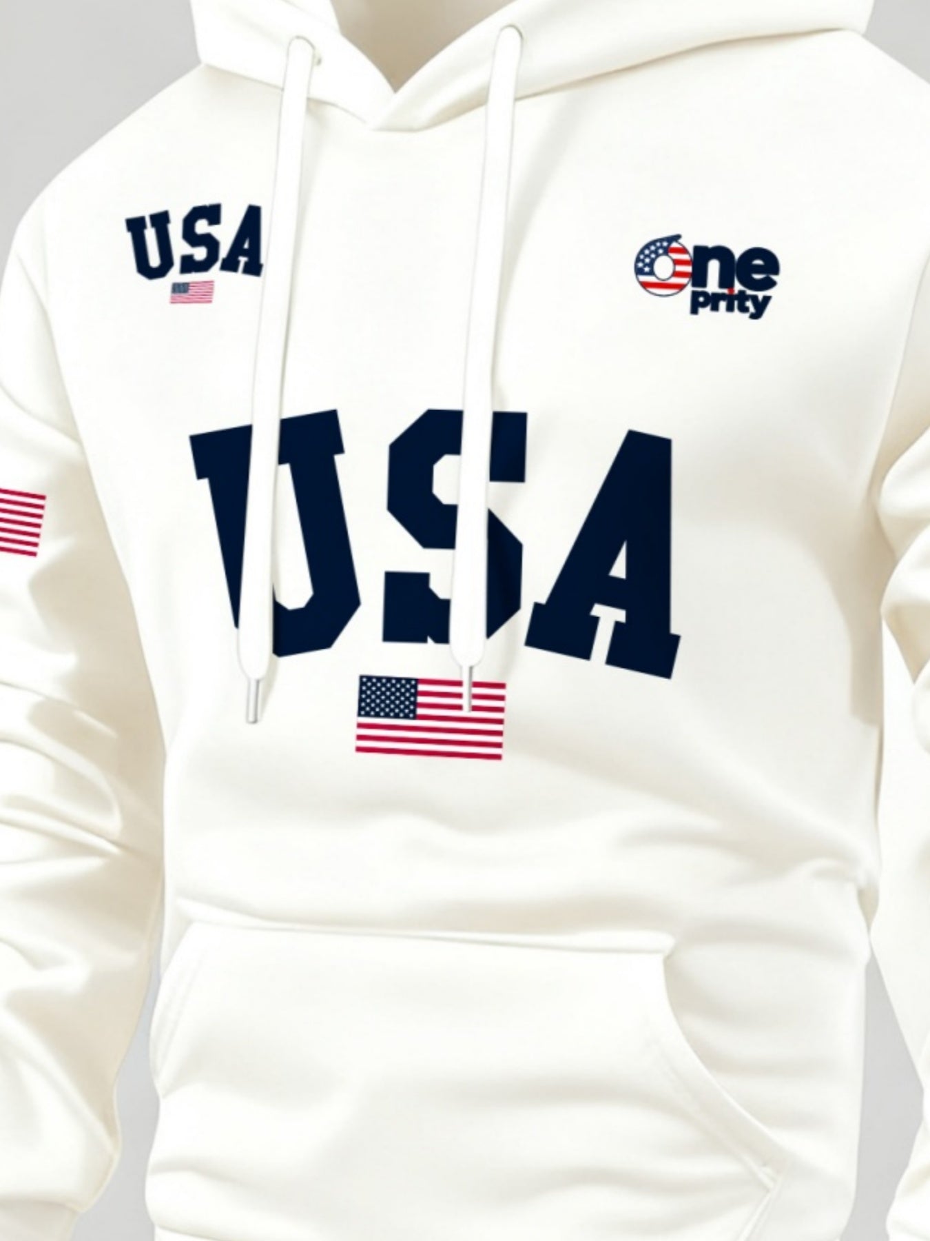 Men'S USA Flag Print Hoodie & Sweatpants Two-Piece Set - White with Red, White & Blue Design, Comfortable Warm Casual Streetwear Outfit, Regular Fit, Long Sleeve
