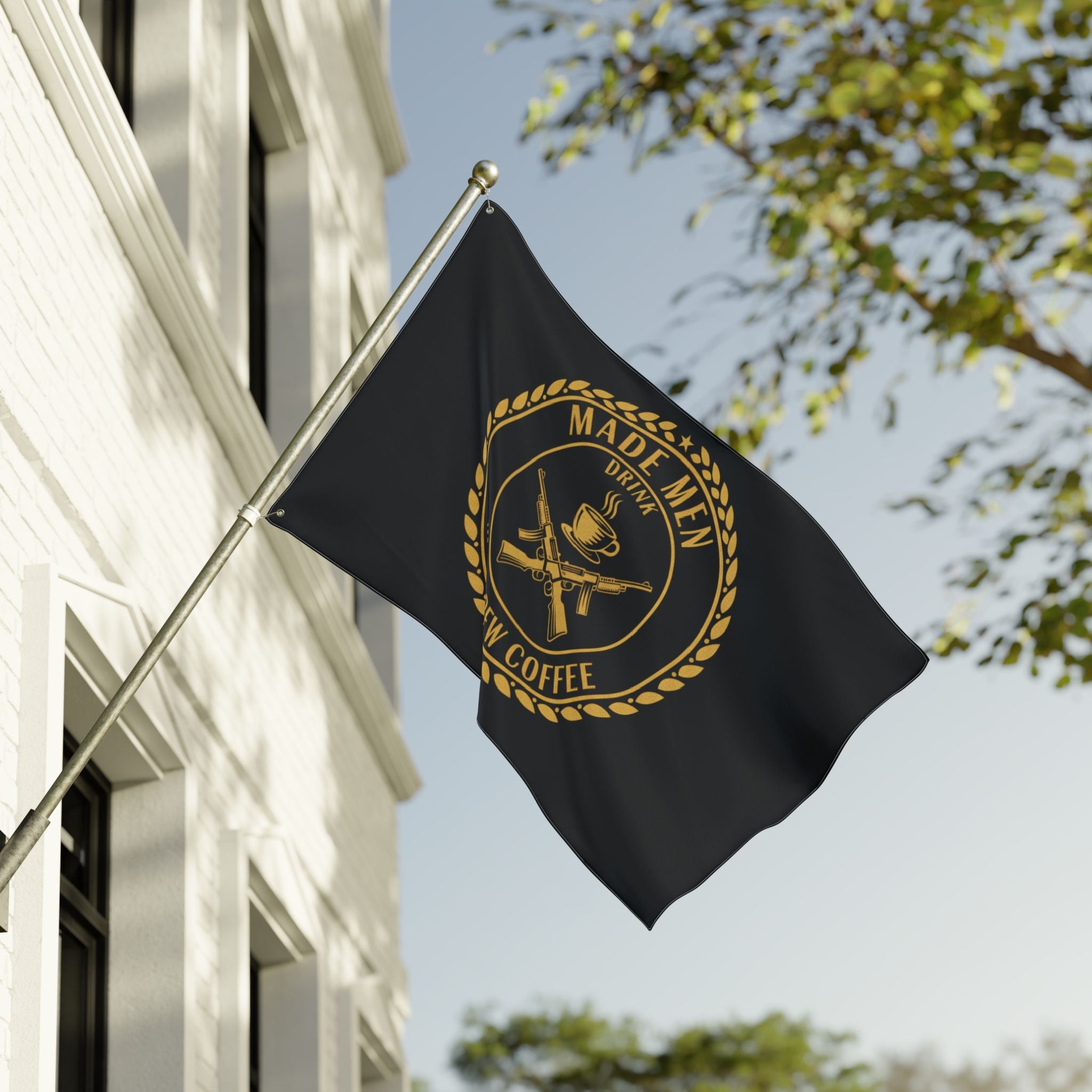 Mob Crew Flag — "Made Men Drink Mob Crew Coffee" Double-Sided Black & Gold Outdoor Banner