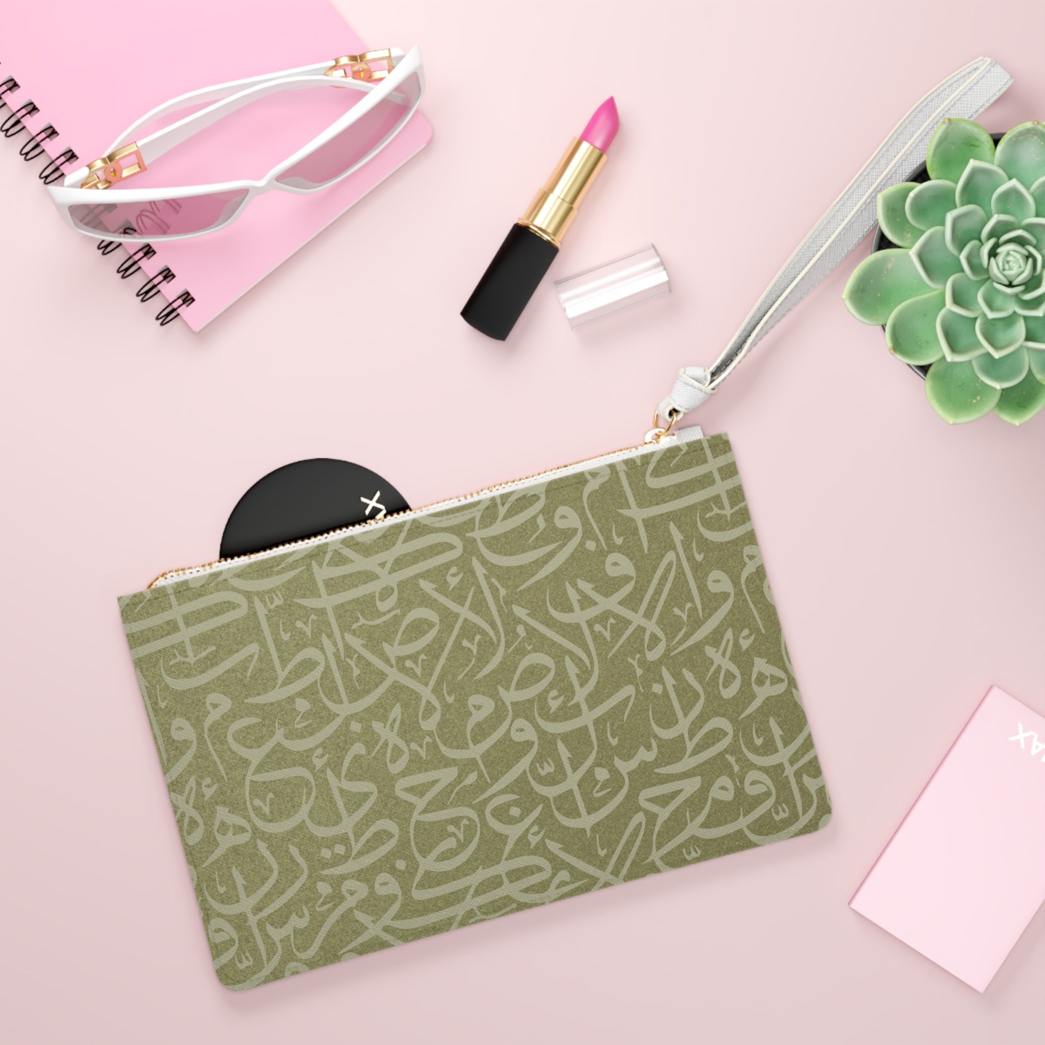 Large* Olive Arabic Calligraphy Design Themed Clutch Bag, Stylish Purse