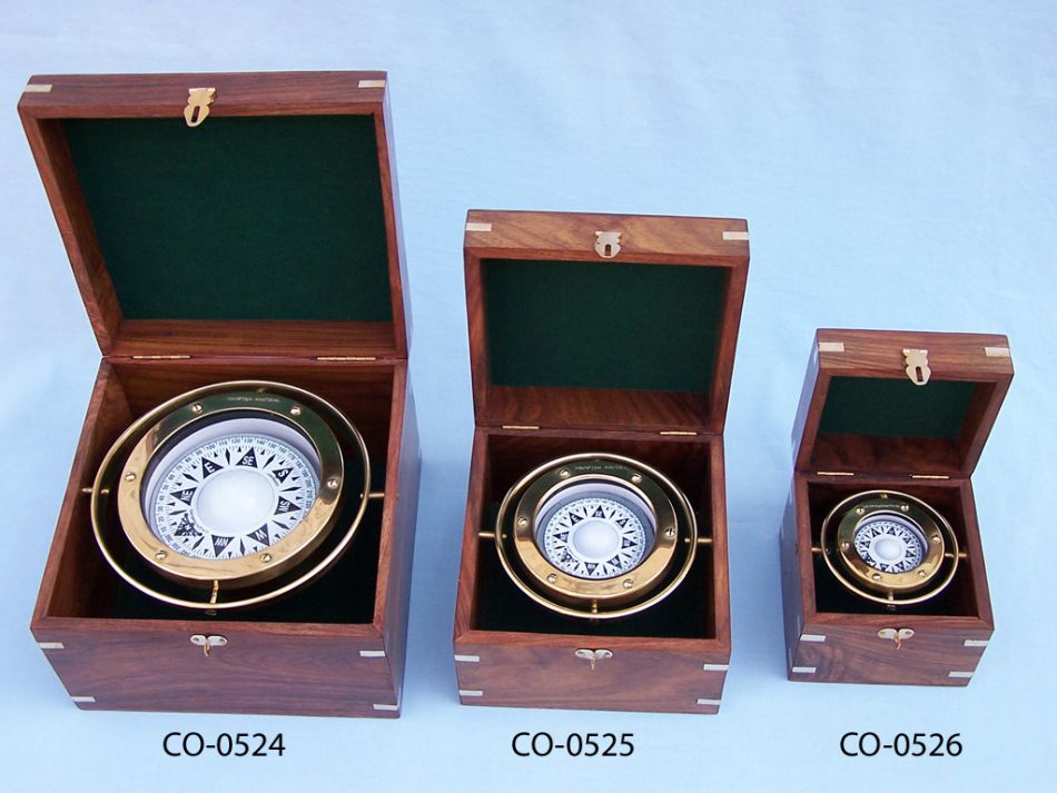 Antique Brass Gimbal Compass w/ Rosewood Box 9""