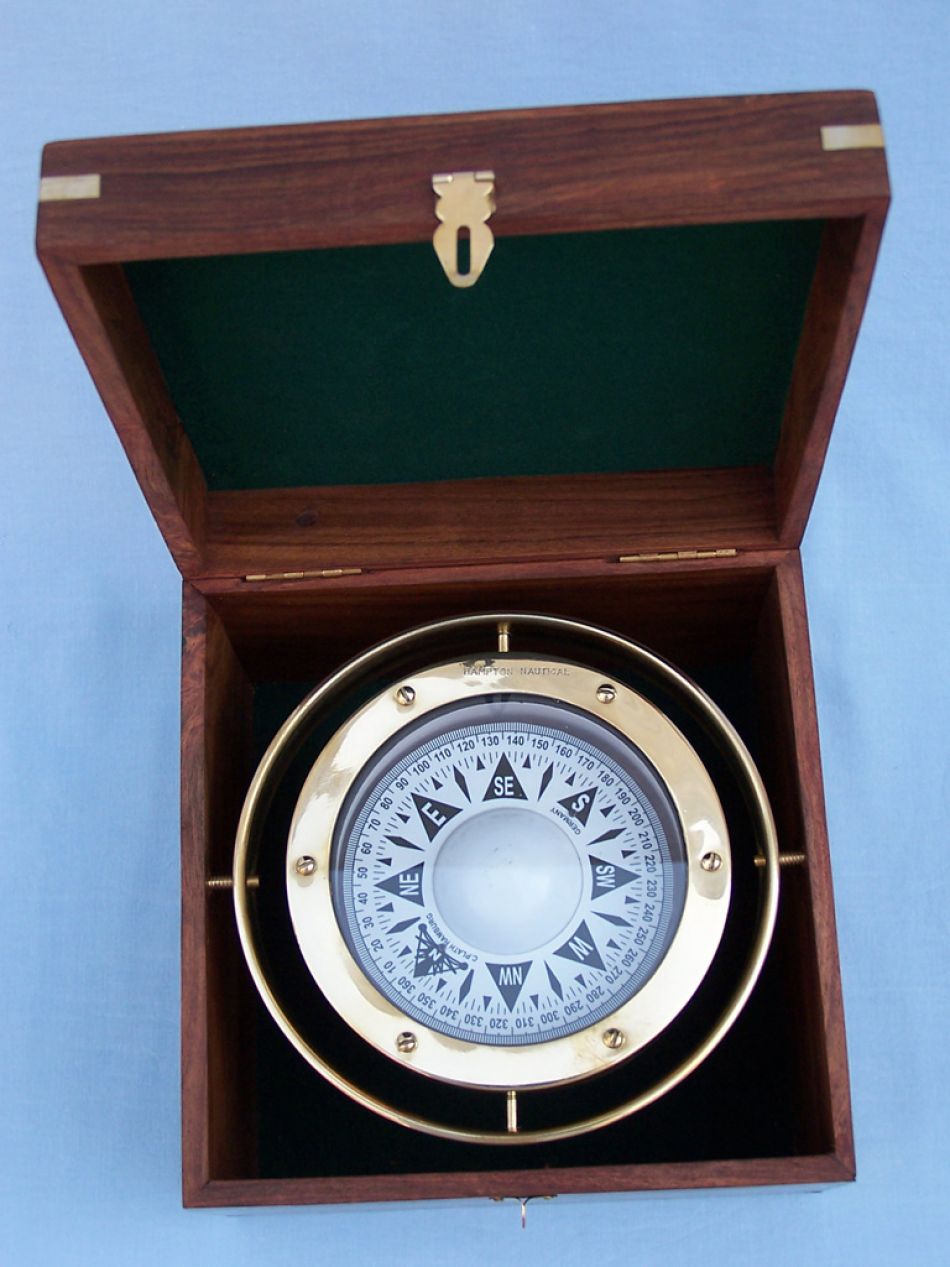 Antique Brass Gimbal Compass w/ Rosewood Box 9""