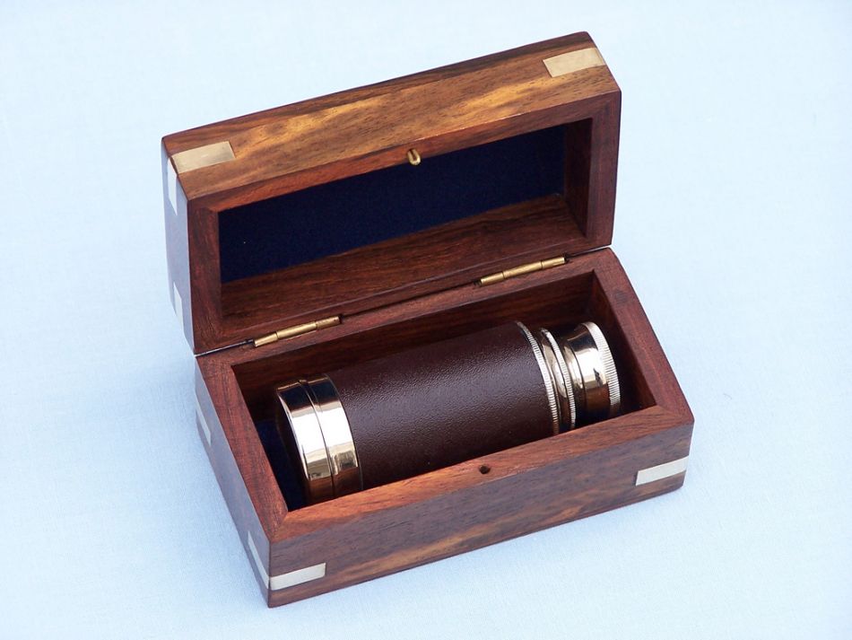 Deluxe Class Scout's Brass - Leather Spyglass Telescope 7"" w/ Rosewood Box