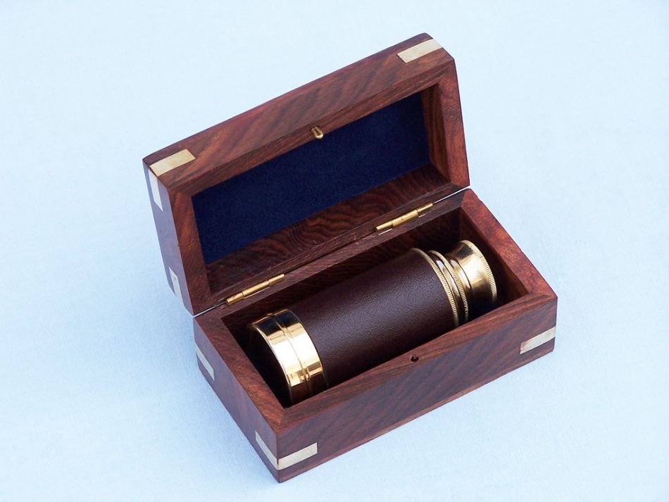 Deluxe Class Scout's Brass - Leather Spyglass Telescope 7"" w/ Rosewood Box
