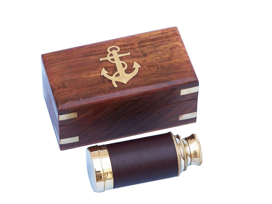 Deluxe Class Scout's Brass - Leather Spyglass Telescope 7"" w/ Rosewood Box