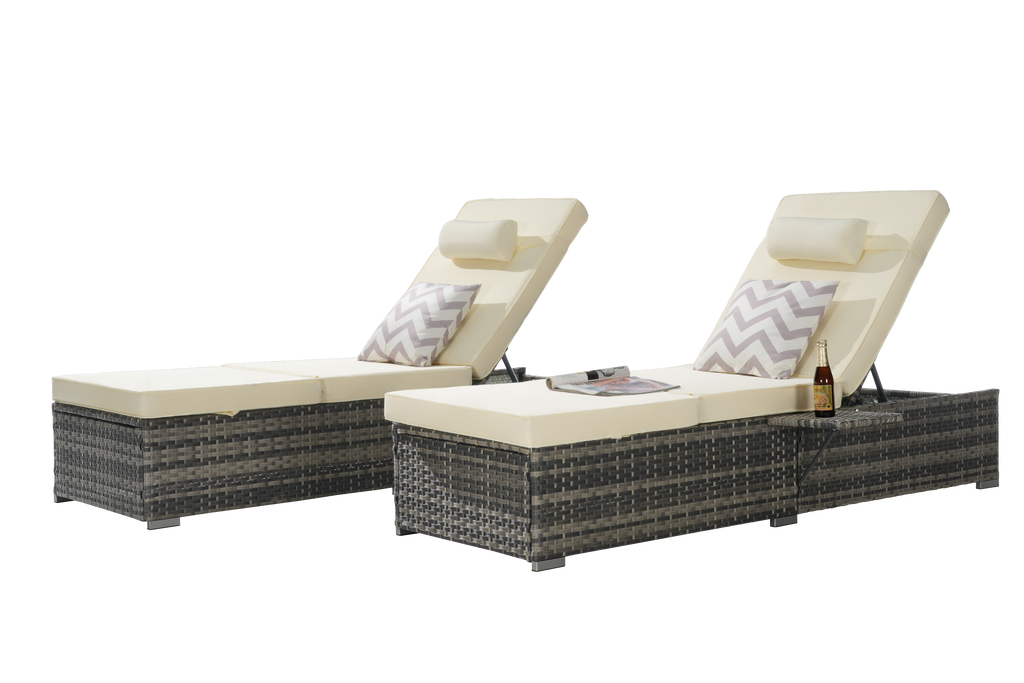Outdoor Chaise Lounge Chair Set of 2 with Storage and Cushions