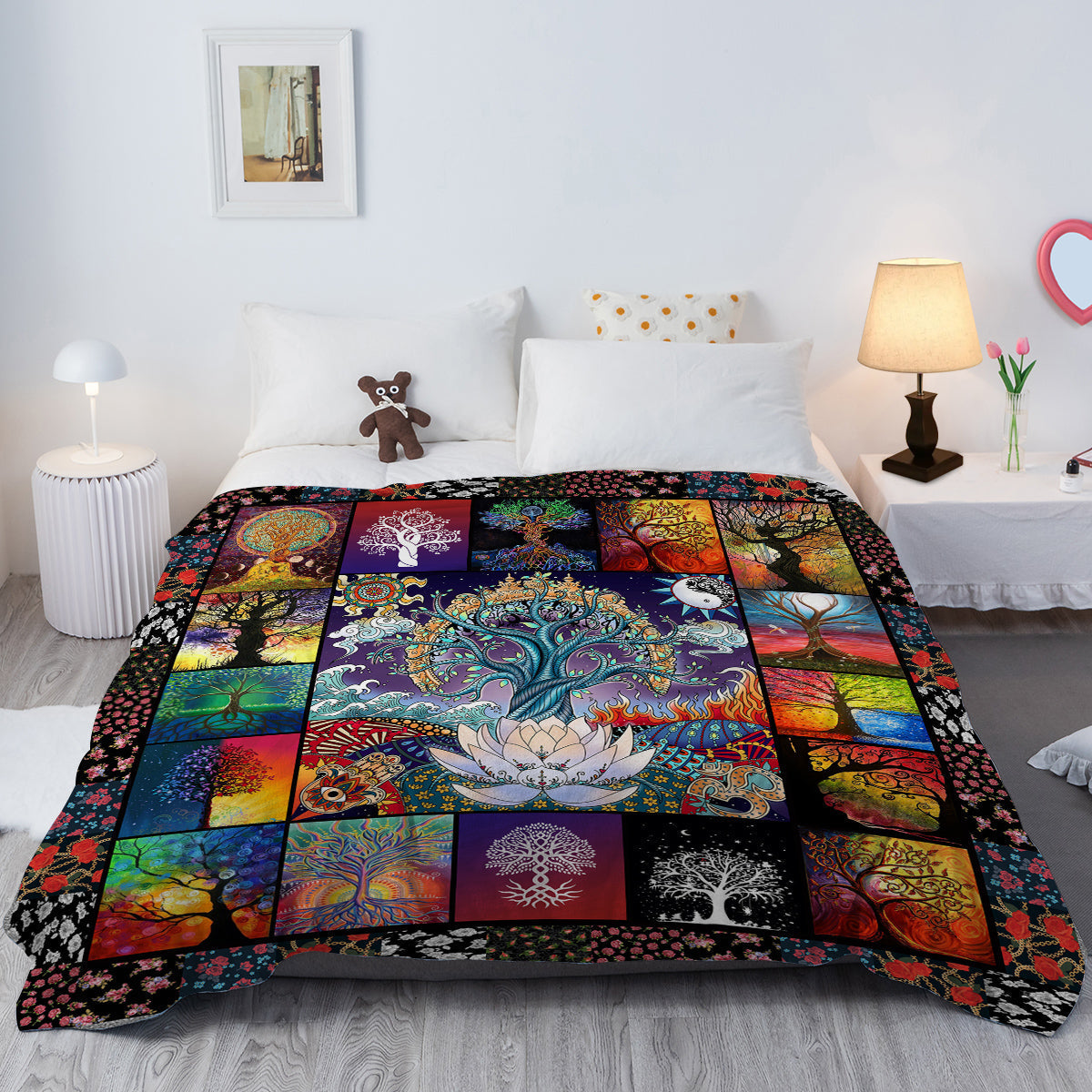 1 Pce Of Flannel With Various Lotus Tree Patterns, Soft And Fluffy, Multifunctional Outdoor Beach Camping, Living Room Sofa, Office Nap, Printed Blanket