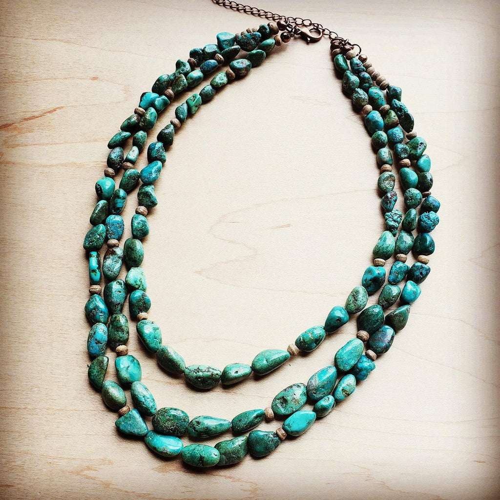 **Triple Strand Natural Turquoise & Wood Collar Necklace 250m