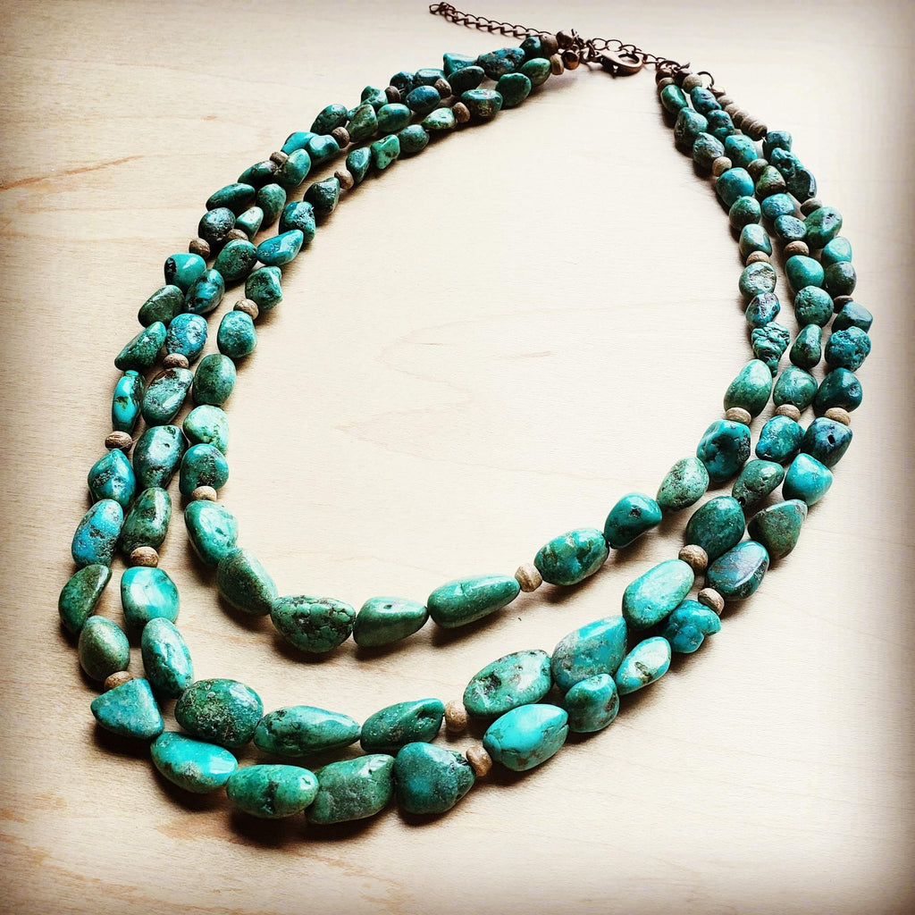 **Triple Strand Natural Turquoise & Wood Collar Necklace 250m