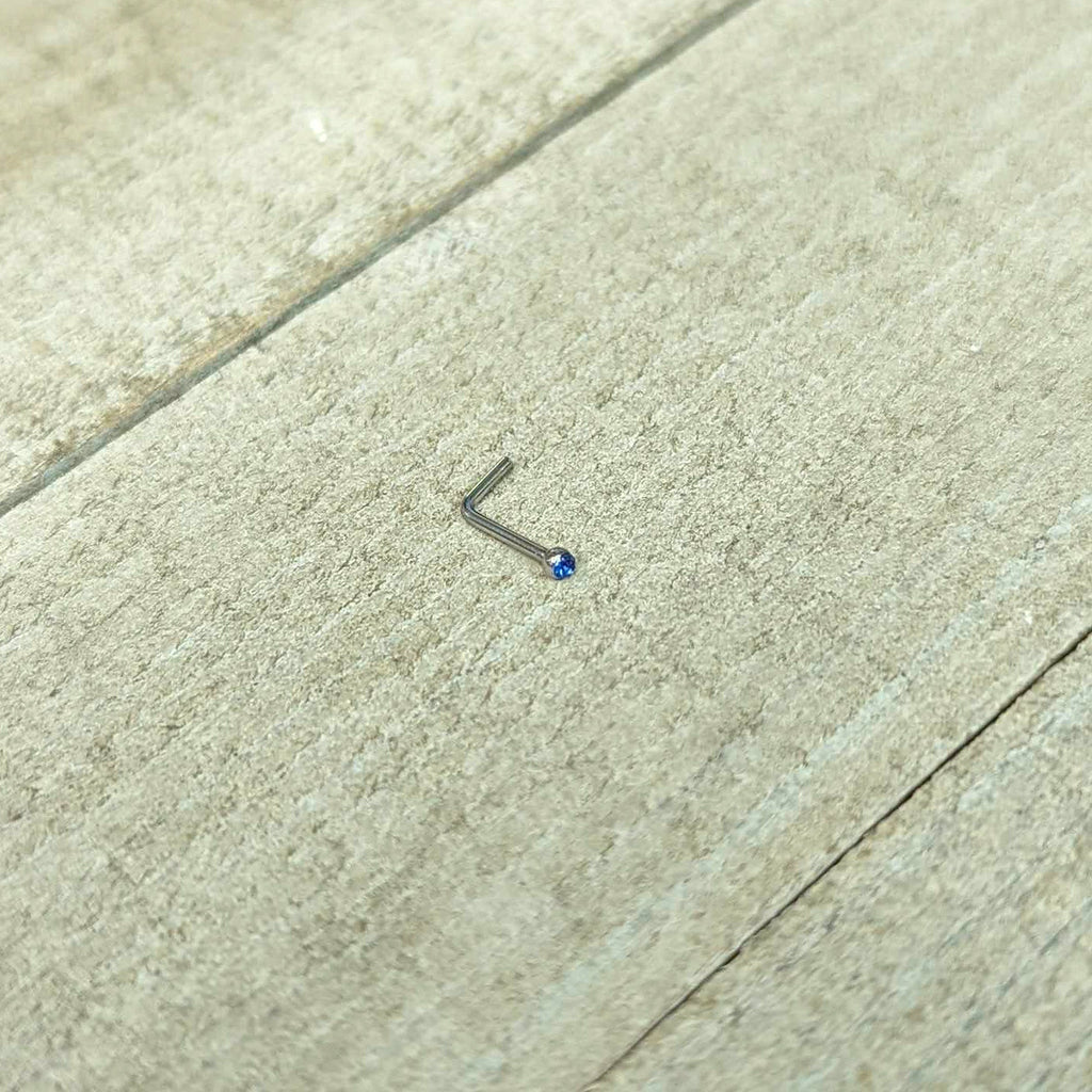20G Stainless Steel Sapphire Blue Gem Micro Nose Ring L-Shaped