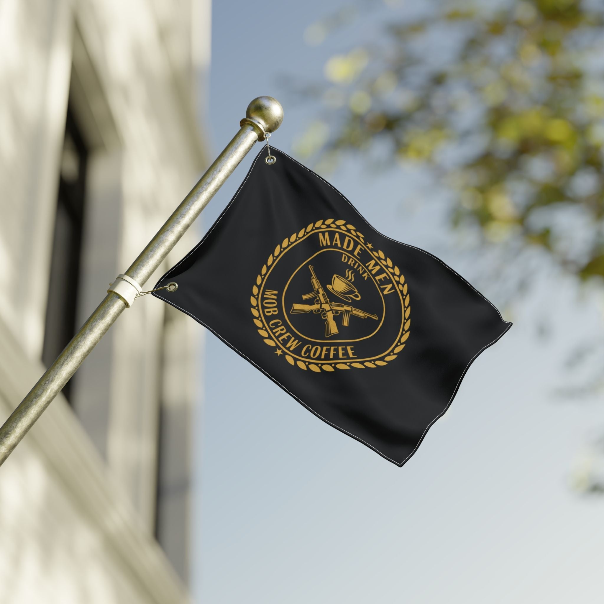 Mob Crew Flag — "Made Men Drink Mob Crew Coffee" Double-Sided Black & Gold Outdoor Banner