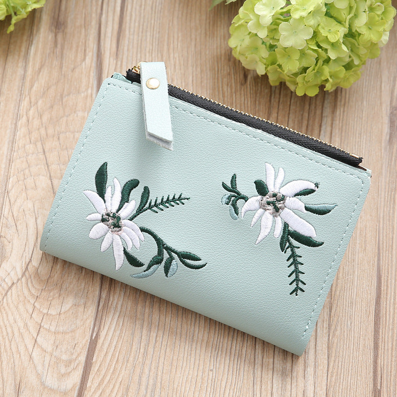 Women's Embroidered PU Leather Zipper Wallet - Slim Korean Style Floral Coin Purse
