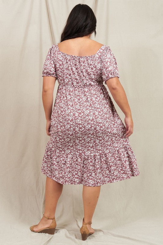 Paisley Floral Square Neck Puff Sleeve Boho Dress Plus