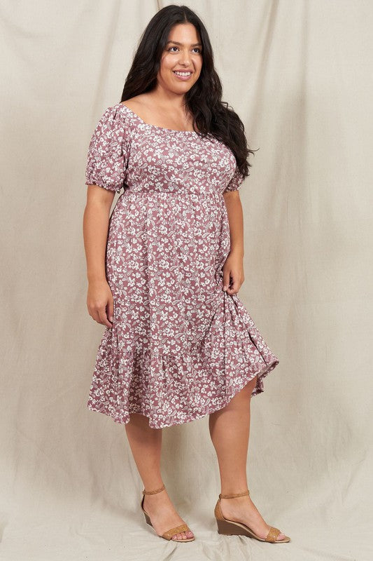 Paisley Floral Square Neck Puff Sleeve Boho Dress Plus