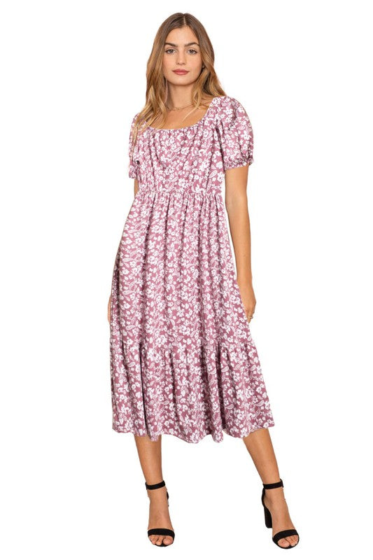 Paisley Floral Square Neck Puff Sleeve Boho Dress Plus