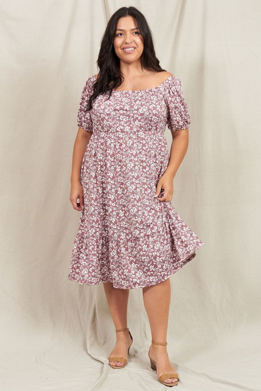 Paisley Floral Square Neck Puff Sleeve Boho Dress Plus