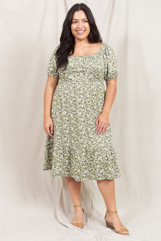 Paisley Floral Square Neck Puff Sleeve Boho Dress Plus