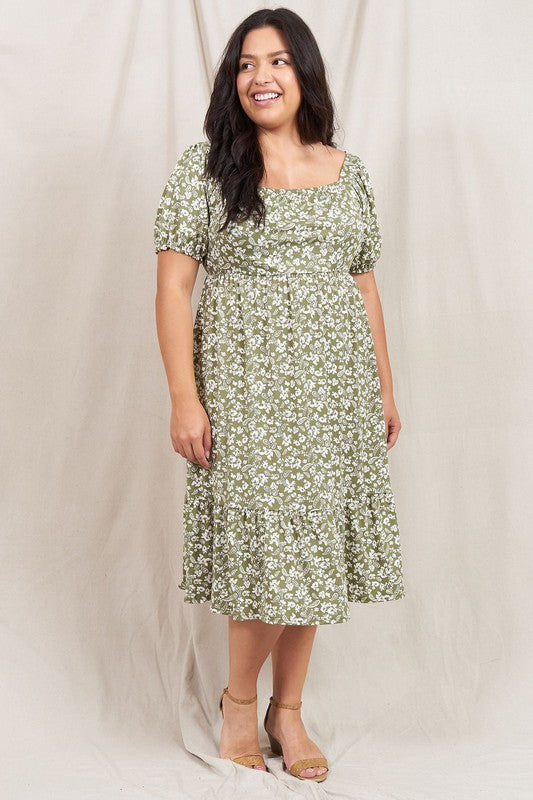 Paisley Floral Square Neck Puff Sleeve Boho Dress Plus