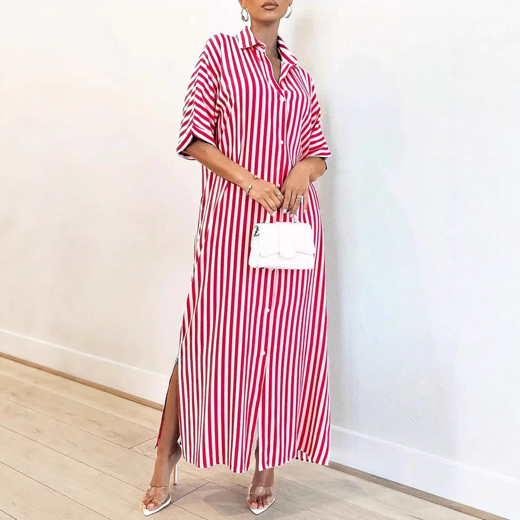 Elegant Casual Striped Shirt Dress - Lightweight 3/4 Sleeve Midi Dress