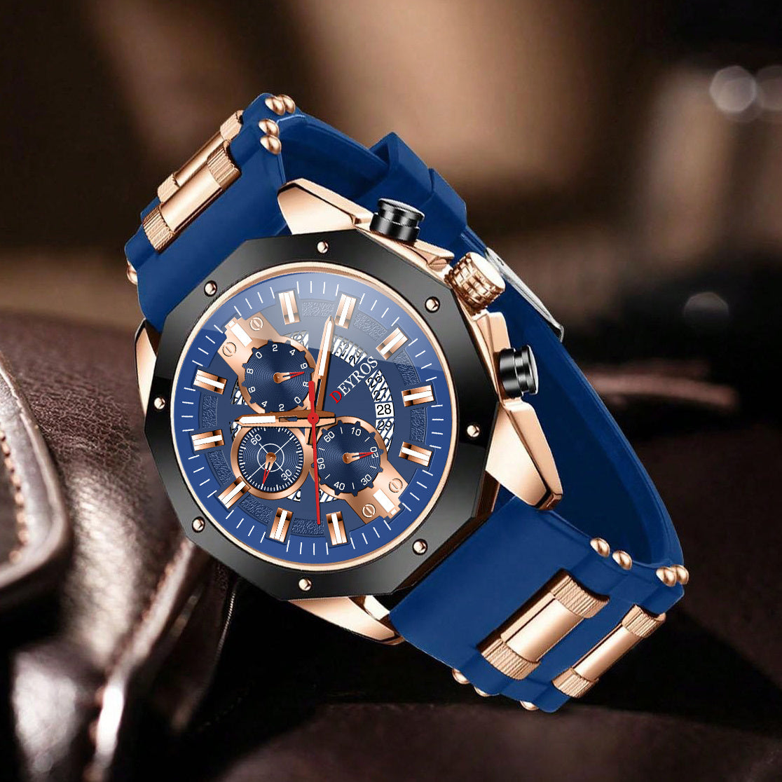 Men's Business Quartz Watch with Calendar | Durable Silicone Strap, Blue & Golden-Tone Business Casual Watch, Ideal Gift for Him