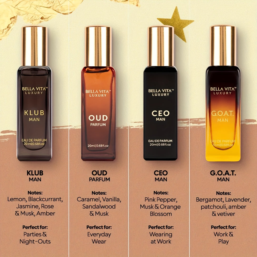 Bella Vita Luxury Long Lasting Perfume Gift Set for Man | 4x0.68oz | Gifts for Men | Woody, Citrusy, Oud, Premium Fragrance Scent | KLUB, OUD, CEO, G.O.A.T