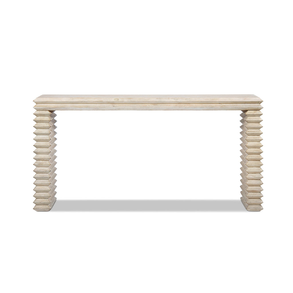Veda 63' Reclaimed Wood Stacked Geometric Waterfall Console Table, Whitewashed Natural Reclaimed Pine Wood