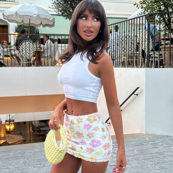Womens Colorful Sequin Bodycon Skirt - Sparkly Floral Party Mini Skirt