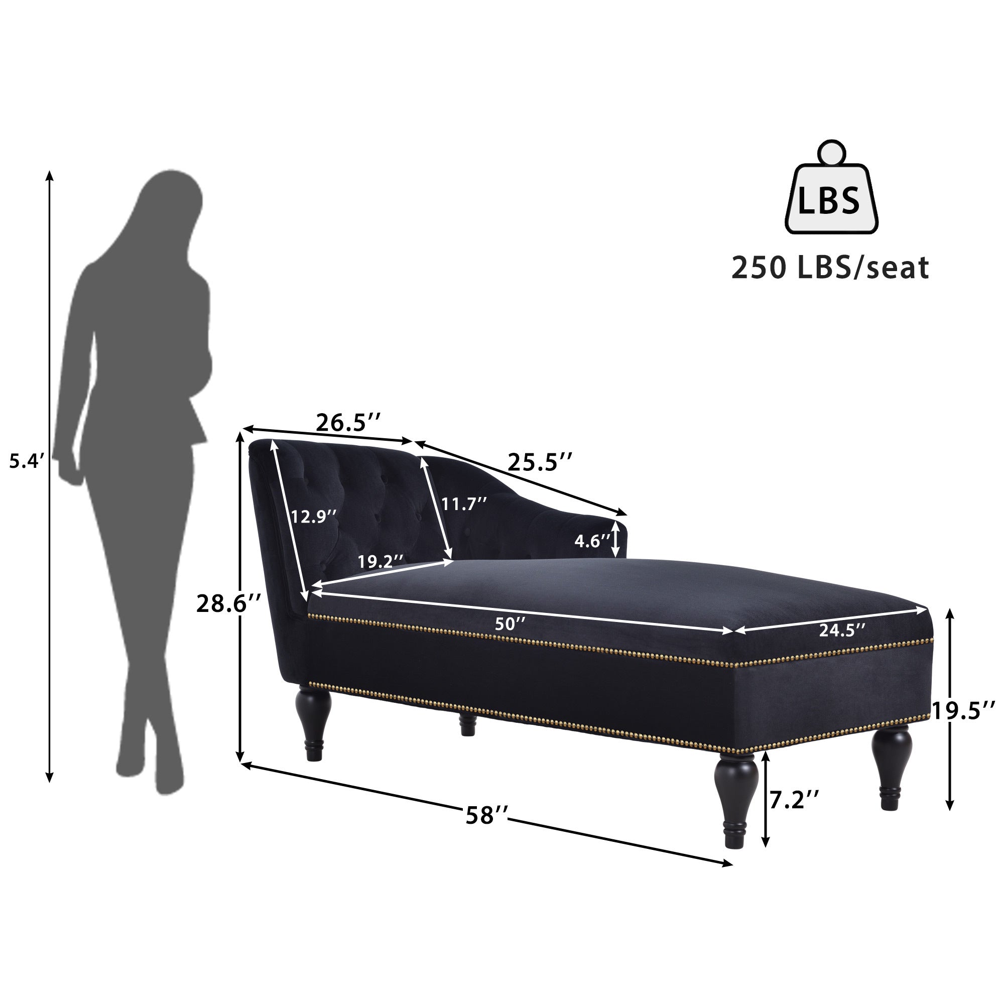 58" Velvet Chaise Lounge with Nailhead Trim and Solid Wood Legs