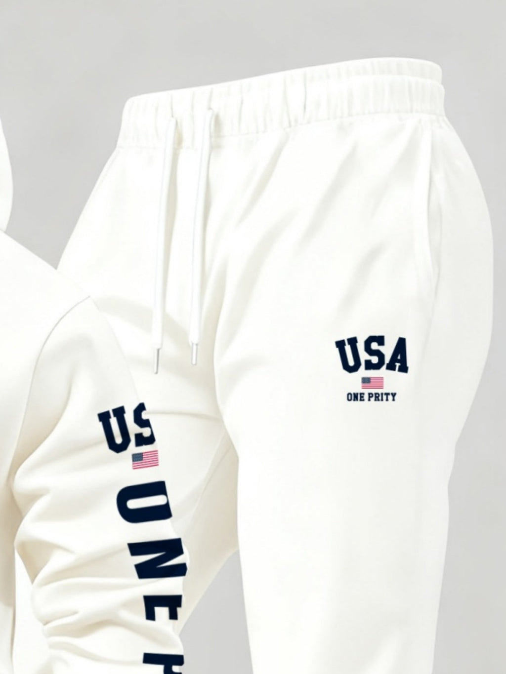 Men'S USA Flag Print Hoodie & Sweatpants Two-Piece Set - White with Red, White & Blue Design, Comfortable Warm Casual Streetwear Outfit, Regular Fit, Long Sleeve