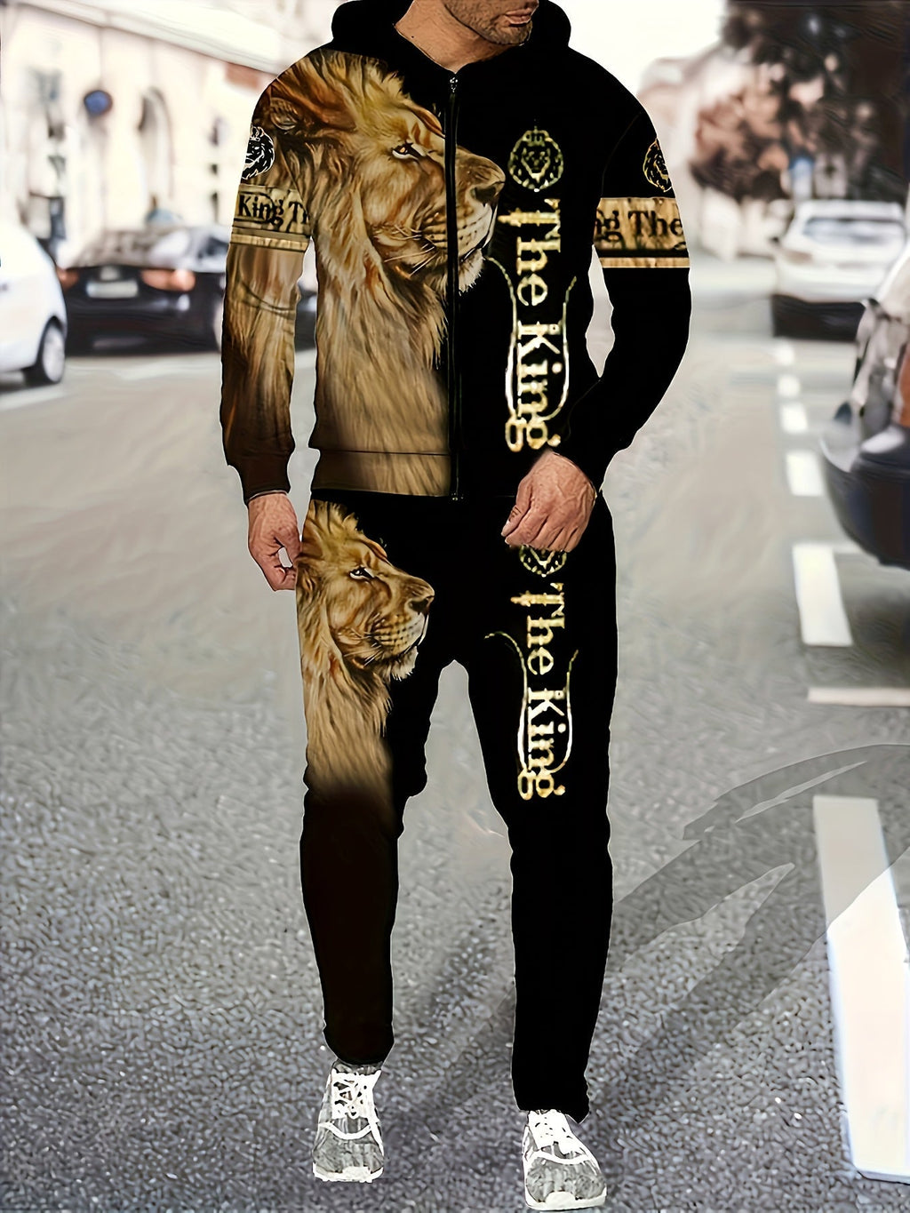 Men'S Casual 2pc Digital Lion Design Sweatshirt And Pants Combination