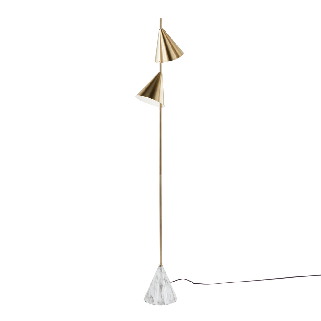 Cone 65' Glam Metal Floor Lamp in Brushed Gold Metal with White Faux Marble Base