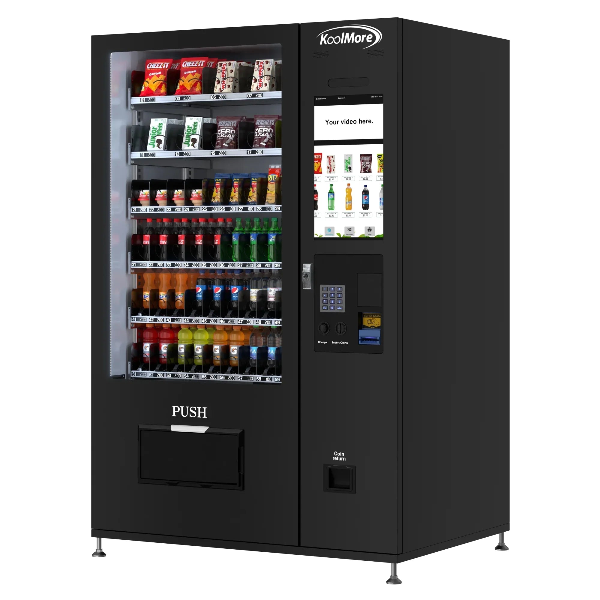 Kool More Refrigerated Snack and Drink Vending Machine with 60 Slots and 22 Inch Touch Screen in Black