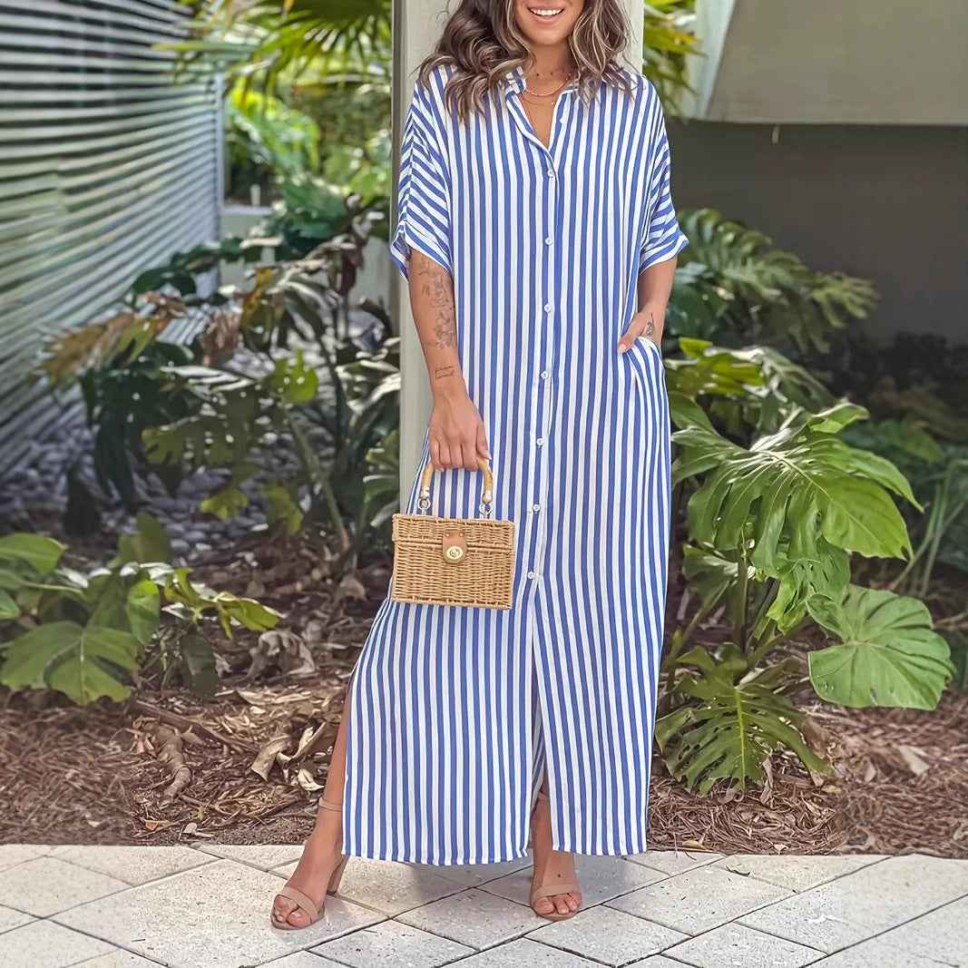 Elegant Casual Striped Shirt Dress - Lightweight 3/4 Sleeve Midi Dress