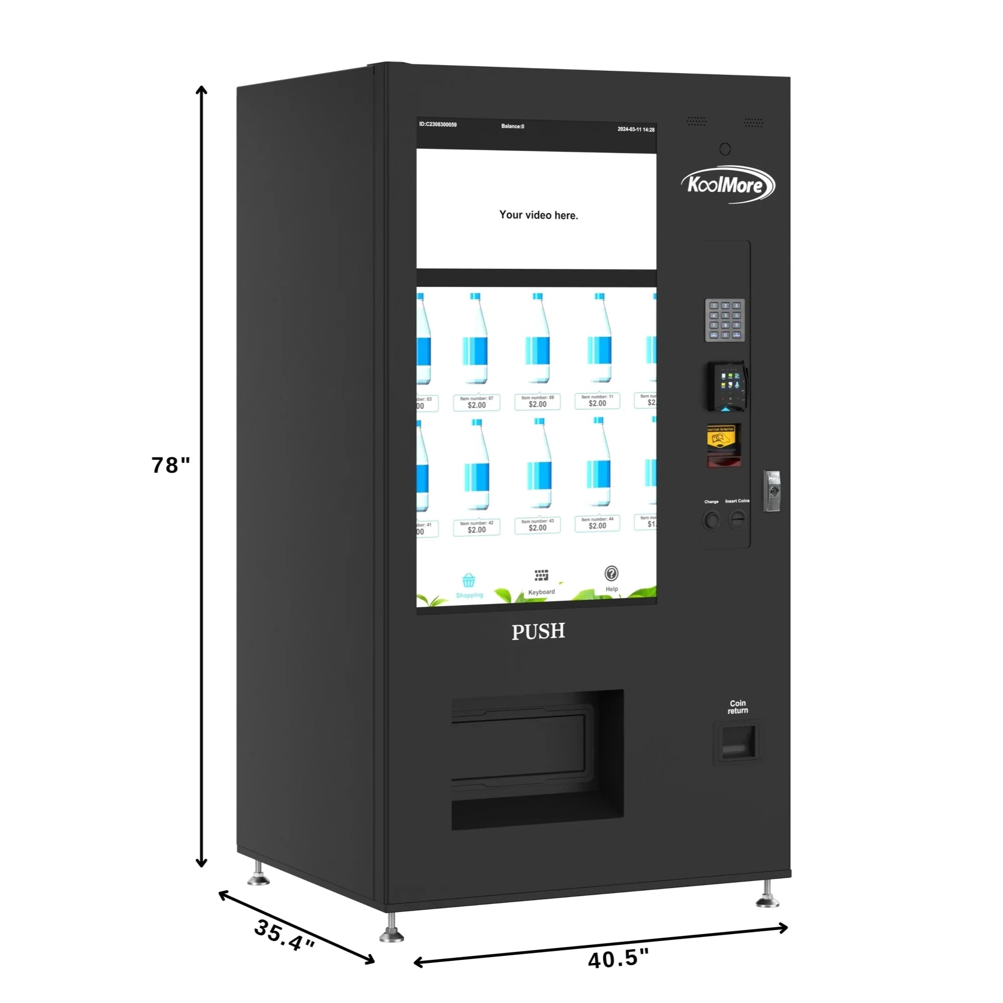 Kool More 41 in. Refrigerated Snack Vending Machine with 48 Slots and Ample 49 in.Touch Display, Bill Acceptor, Credit Card Reader, Wifi, and 4G Connectivity in Black