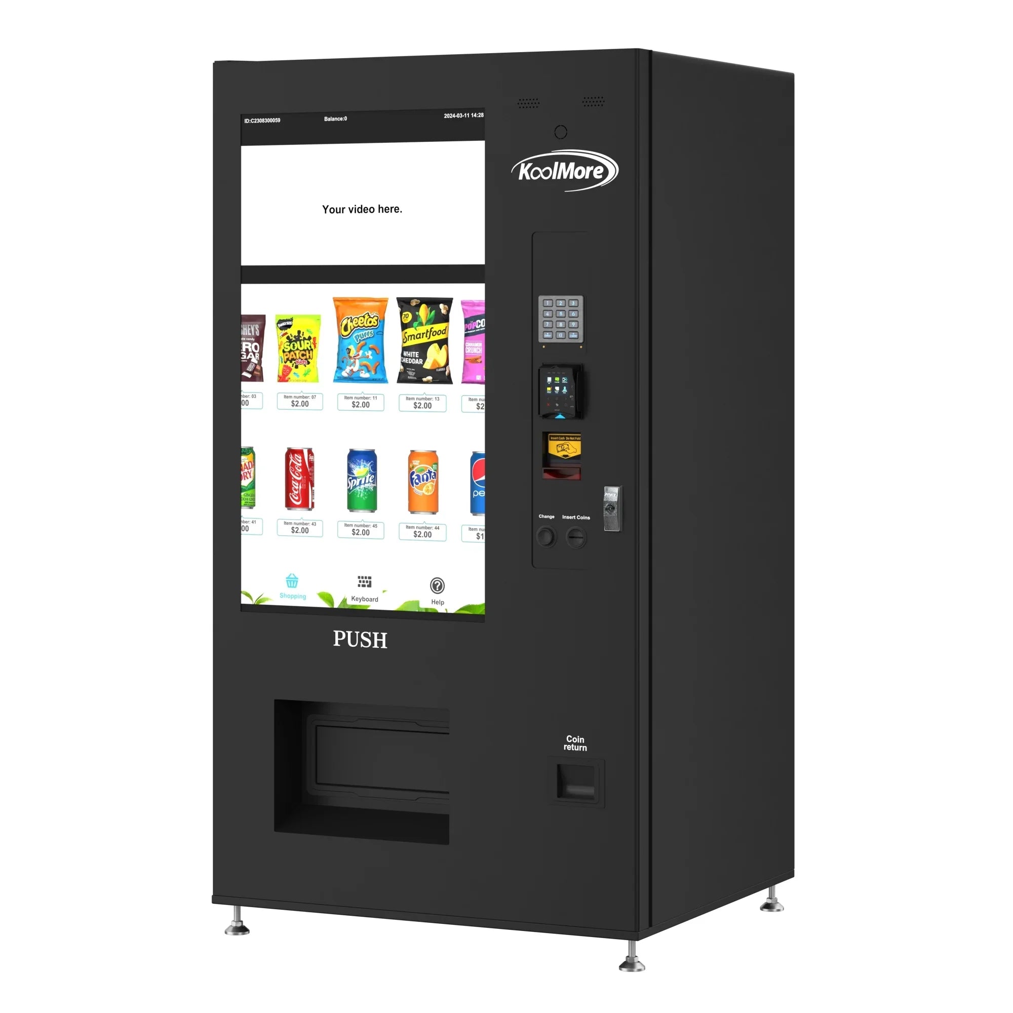 Kool More 41 in. Refrigerated Snack Vending Machine with 48 Slots and Ample 49 in.Touch Display, Bill Acceptor, Credit Card Reader, Wifi, and 4G Connectivity in Black