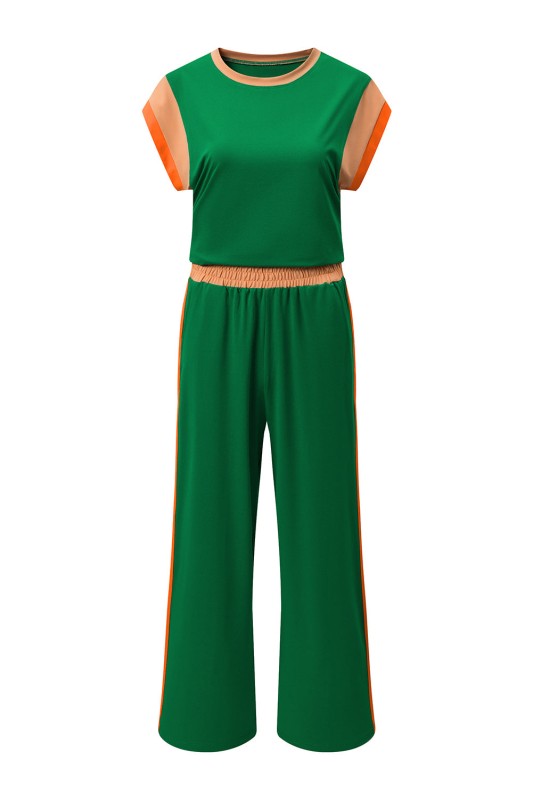 Colorblock Short Sleeve Top & Wide Leg Pants Set
