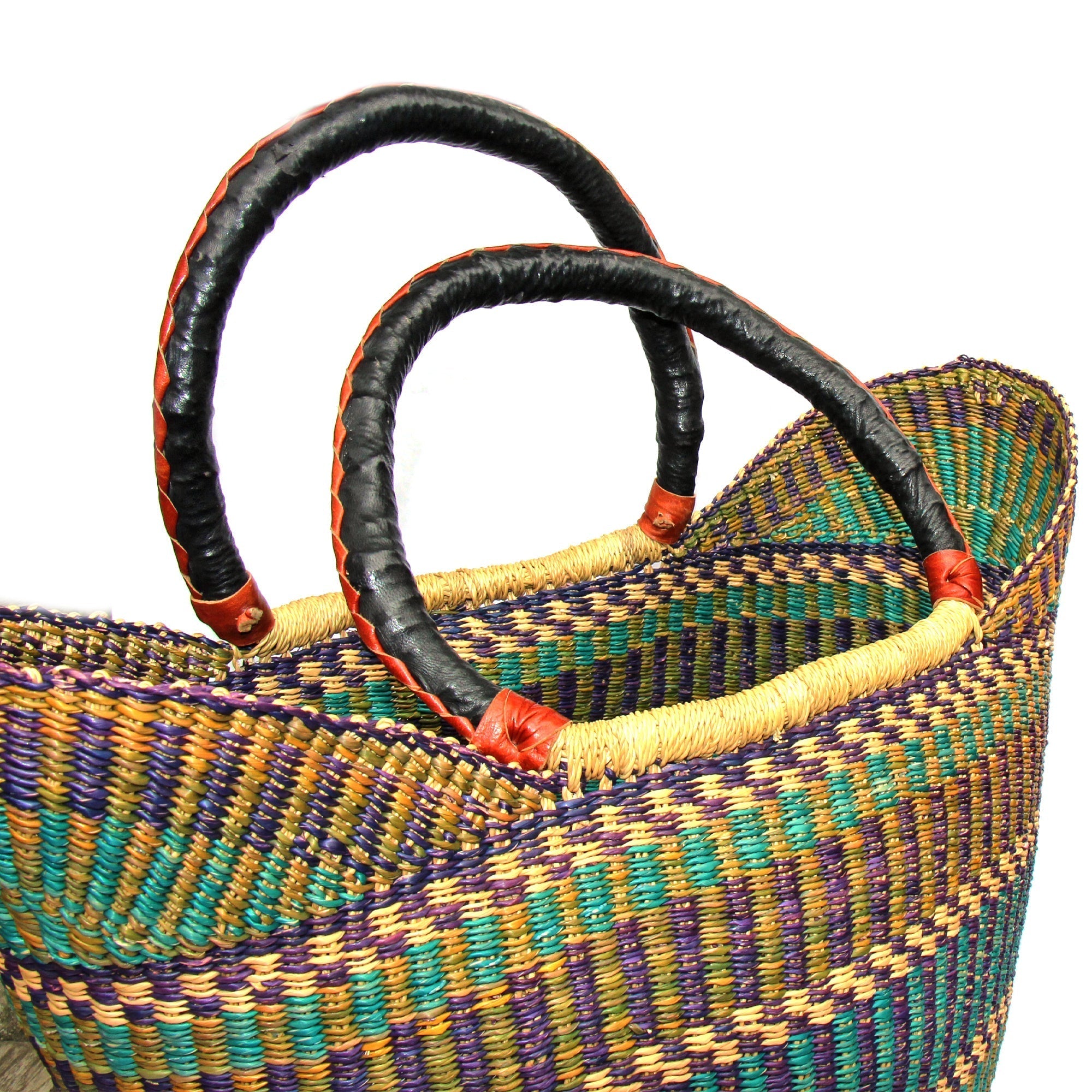 Bolga Tote, Mixed Colors with Leather Handle - 18-inch