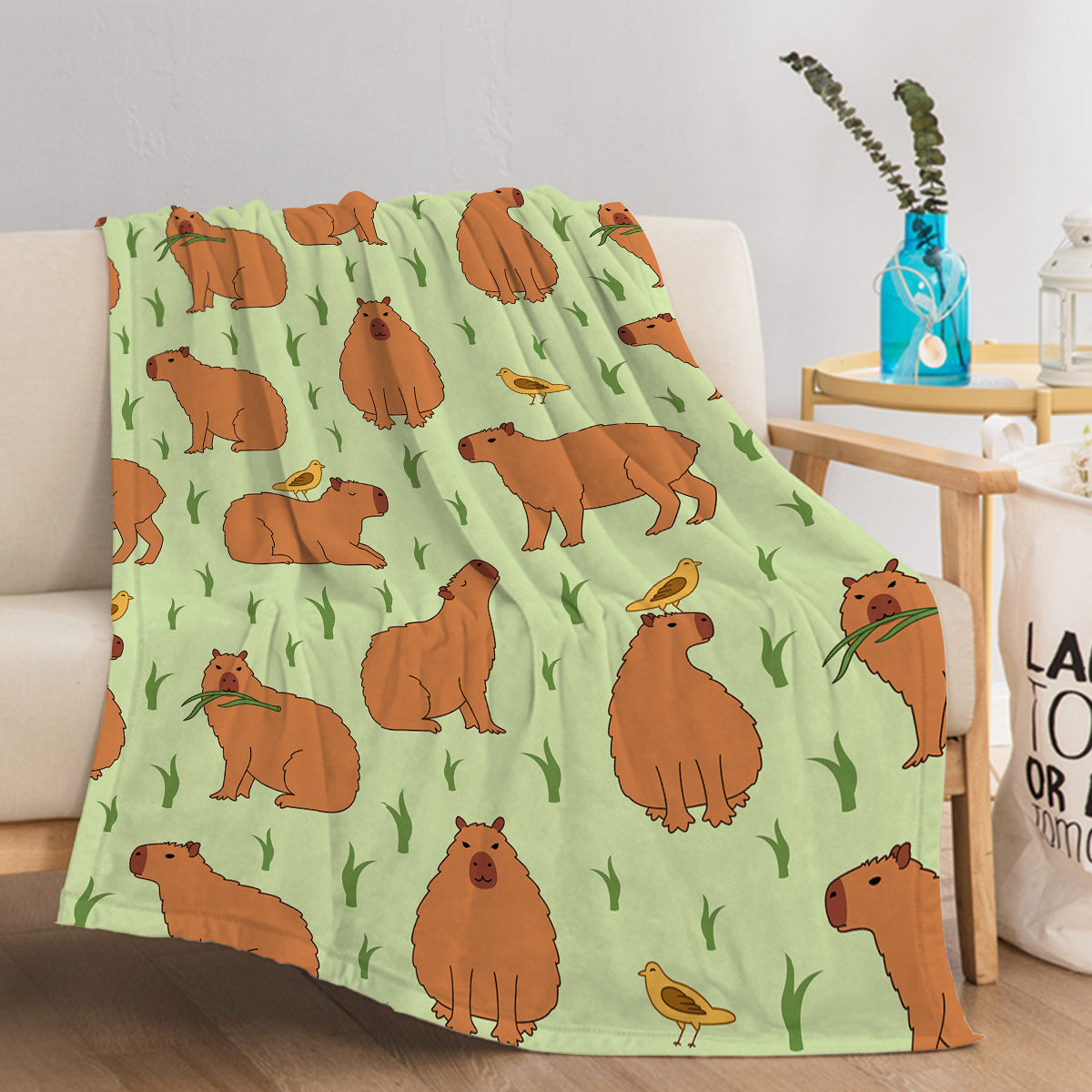 1 Pce Of Flannel Bird And Capybara Combined Pattern Soft And Fluffy Multifunctional Outdoor Beach Camping Living Room Sofa Office Nap Printed Blanket