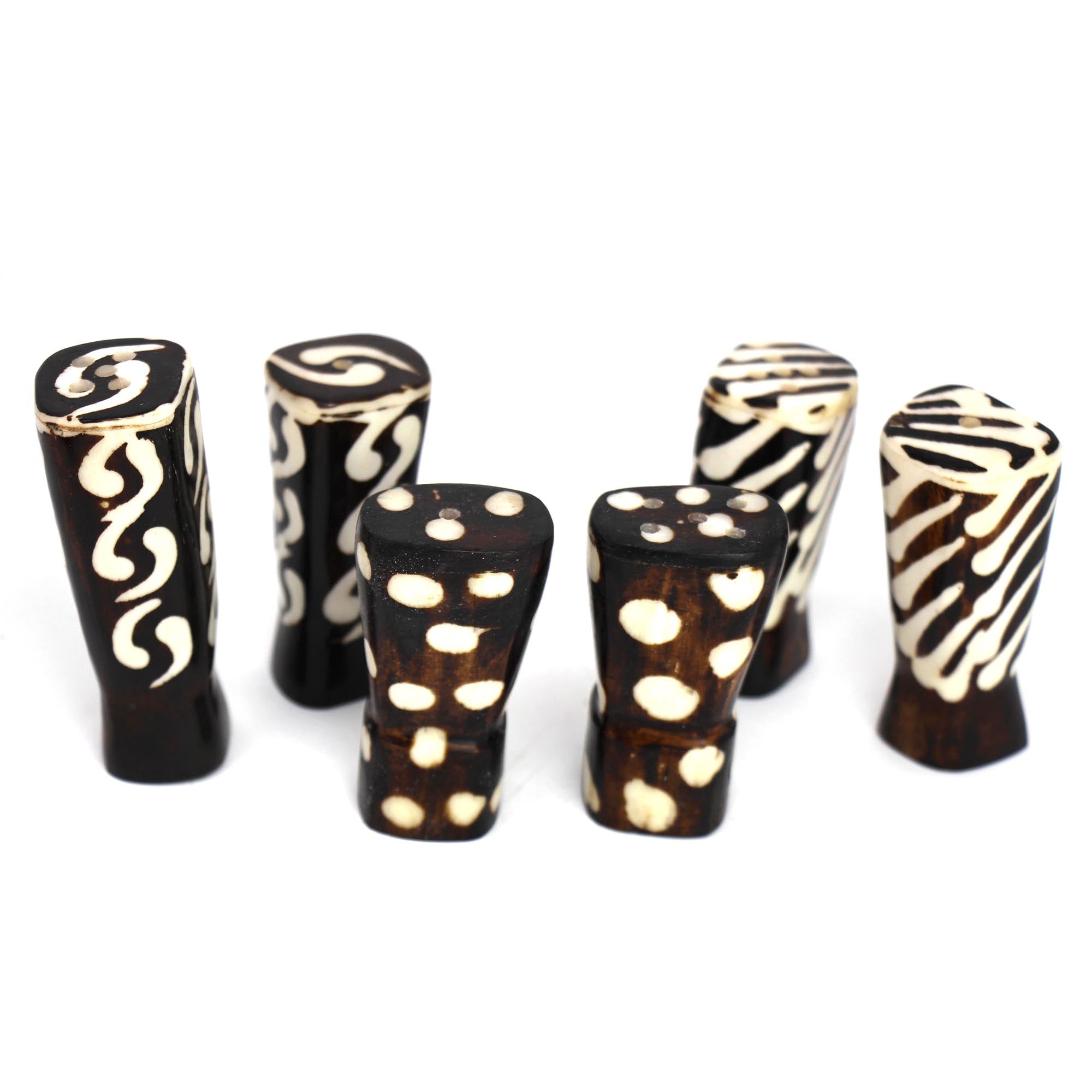 African Natural Bone Salt & Pepper Shakers, Traditional Batik Designs