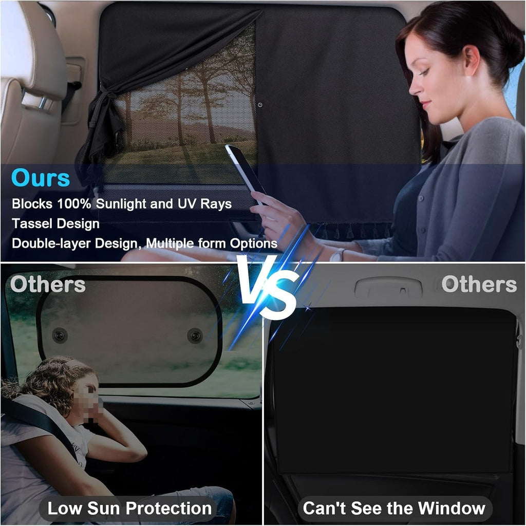[Magnetic Car Window Shades] 2-Layer Magnetic Car Window Shades - Mesh & Blackout Fabric, Tassel Design for Side/Back Windows - Block UV Rays Privacy Curtain