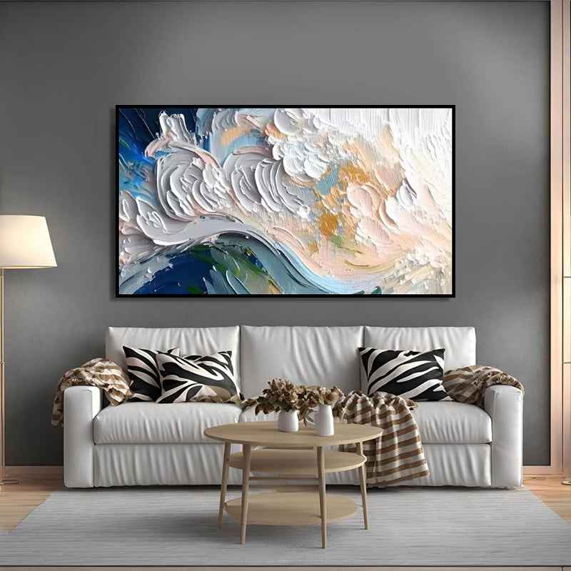New Design Green Blue And White Seawaves Thick Canvas Handmade Oil Painting Original Abstract Beige Blue Sea Scape Wall Art Decor