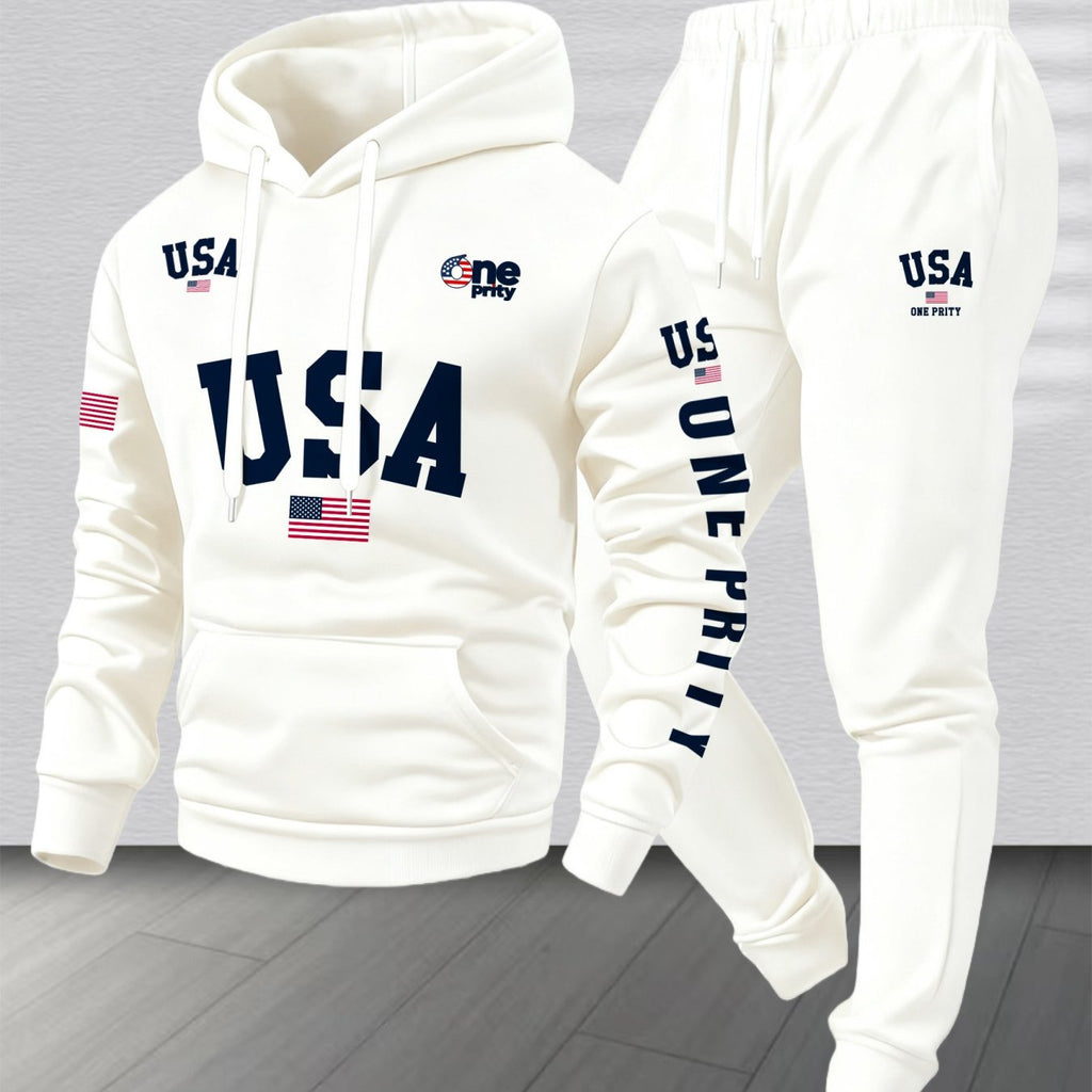 Men'S USA Flag Print Hoodie & Sweatpants Two-Piece Set - White with Red, White & Blue Design, Comfortable Warm Casual Streetwear Outfit, Regular Fit, Long Sleeve